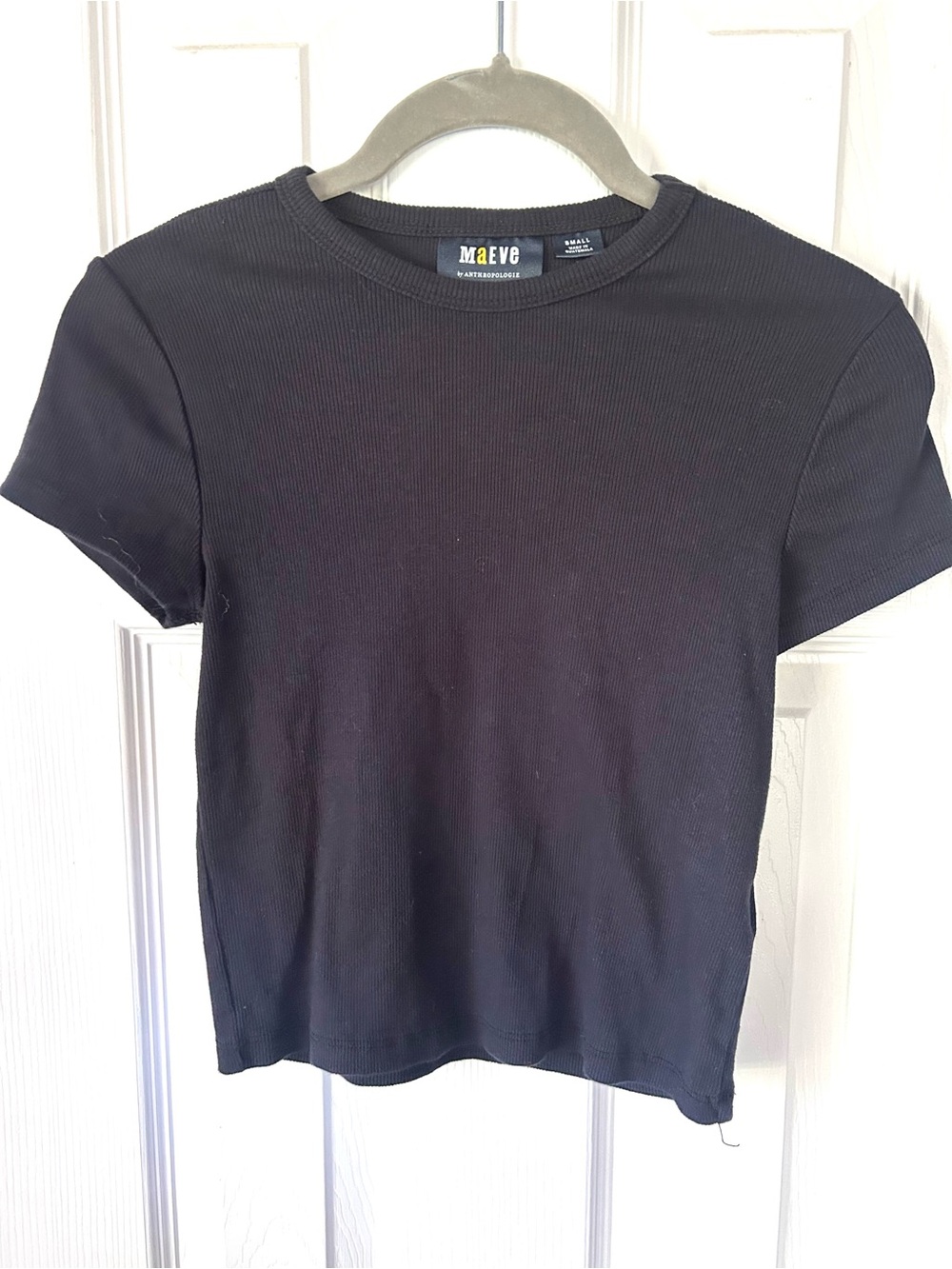 Maeve by Anthropologie Black Ribbed Short Sleeve Tee Small